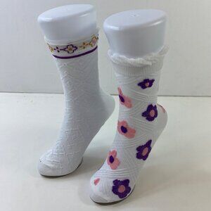 Set 2 Womens Floral Crew Socks Ruffle Cuff Knit Flowers Purple White